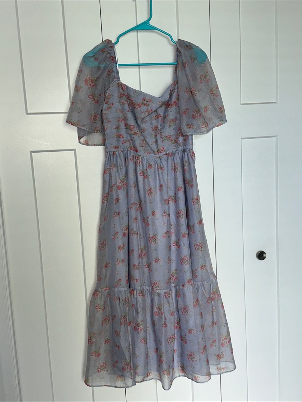 Periwinkle Floral Midi Dress with Flutter Sleeves